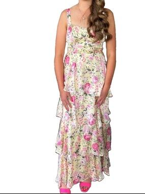 Floral Pink Tiered Maxi Prom Dress for Women